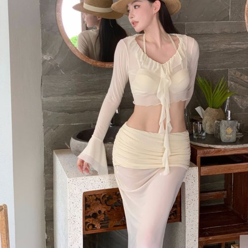 罗卡艺徐猫癣慵懒度假风网纱罩衫长裙聚拢性感显瘦温泉分体泳衣女