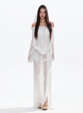 罗卡艺2026新款绝美白色网纱长裙比基尼性感显瘦沙滩温泉度假泳衣