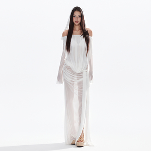 罗卡艺2026新款 绝美白色网纱长裙比基尼性感显瘦沙滩温泉度假泳衣