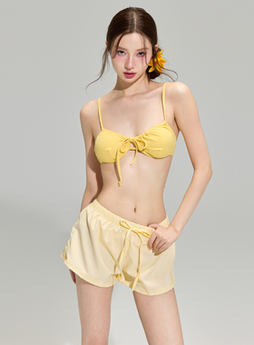 罗卡艺2025新款黄色条纹短裤罩衫显瘦聚拢温泉度假比基尼分体泳衣