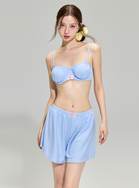 罗卡艺原创新款蓝色条纹短裤比基尼显瘦聚拢温泉度假沙滩分体泳衣