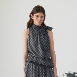 上衣 衬衫 yawhat夏日复古格纹挂脖雪纺薄款 背心女蝴蝶结系带无袖