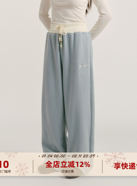 yawhat雾霾蓝双面摇粒绒刺绣松紧套直筒卫裤秋冬保暖绒感休闲长裤