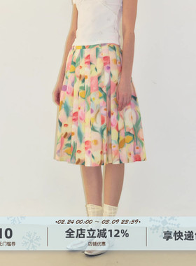 yawhat全棉印花大花百褶半身裙碎花A字裙度夏季假风花卉中长裙
