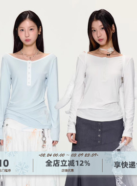 yawhat双色亨利领柔软亲肤多纽扣长袖T恤女内搭显瘦打底衫上衣