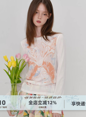 yawhat白色花卉涂鸦印花休闲圆领长袖T恤松弛感微透罩衫上衣女
