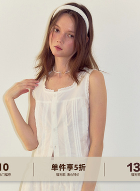 yawhat白色蕾丝花边压褶方领打揽无袖短款衬衫背心纯棉小衫上衣夏