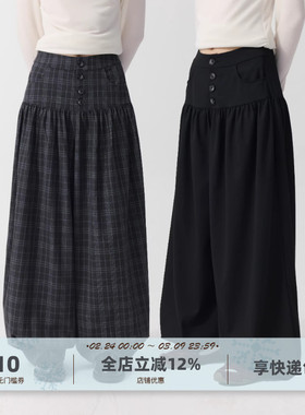 yawhat格纹垂感宽松廓形茧型阔腿灯笼裤休闲长裤收口抽褶气球裤