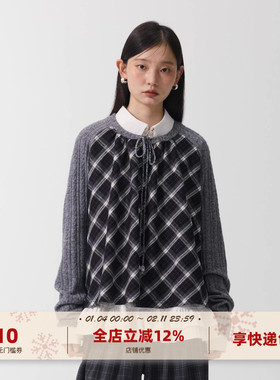 yawhat灰色格纹绞花拼接宽松显瘦上衣低圆领套头系带长袖T恤叠穿