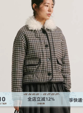 yawhat灰色格纹毛领夹棉短款含羊毛毛呢棉服秋冬保暖翻领厚外套