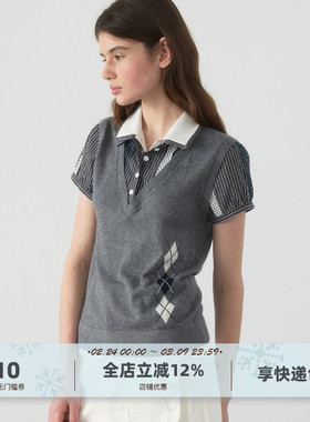 yawhat灰色菱格双层领假两件撞色衬衫领羊毛混纺套头短袖针织衫