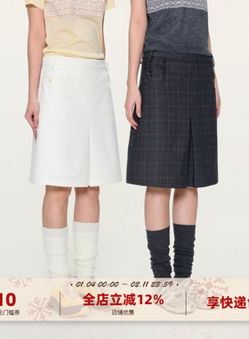 yawhat双色格子通勤休闲简约西装裙A字压褶开叉百搭时髦感半裙