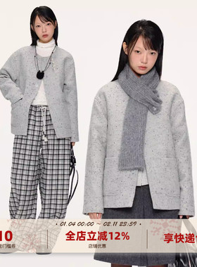 yawhat花灰色含羊毛可拆卸围巾配套圆领短款夹棉呢大衣绗棉棉服冬