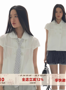 yawhat白色娃娃领双排扣泡泡袖短款衬衫女宽松休闲翻领短袖上衣