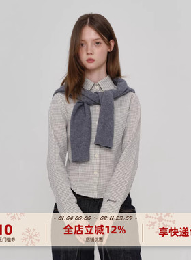 yawhat双色格子收腰衬衫女刺绣长袖纯棉下摆设计叠穿百搭短款上衣