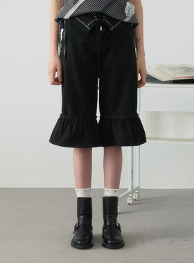 yawhat黑色低腰七分裤可拆卸荷叶边阔腿喇叭裤翻边腰头休闲短裤