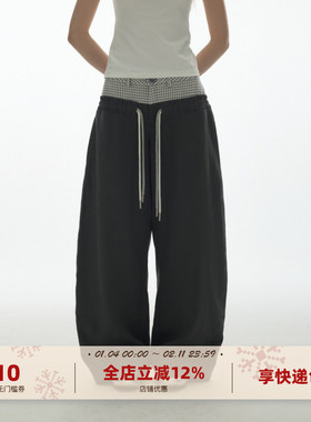 yawhat双腰头拼接弯刀裤休闲长裤薄款亚麻天丝舒适垂感阔腿运动裤