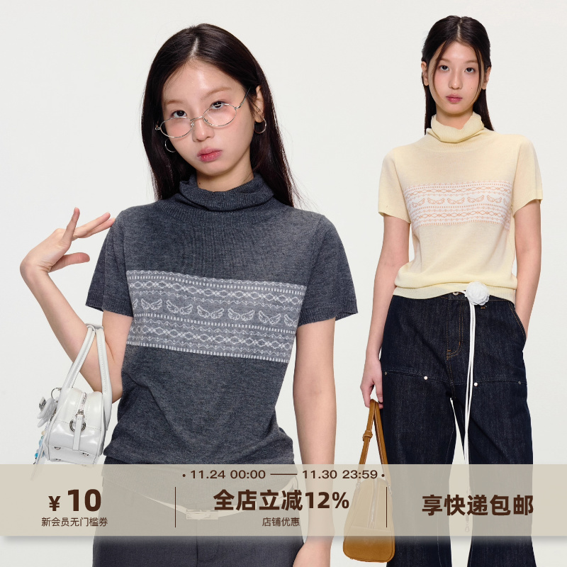 yawhat费尔岛提花羊毛混纺针织衫堆堆领薄款短袖亲肤甜美气质上衣