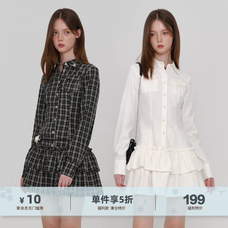 yawhat休闲学院风白色天丝长袖格纹polo衬衫连衣裙收腰显瘦短裙