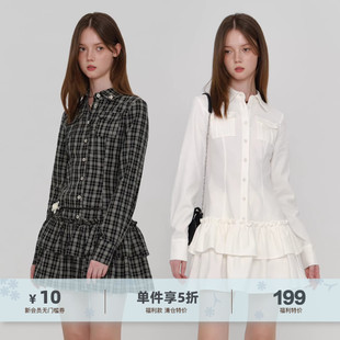 yawhat休闲学院风白色天丝长袖 连衣裙收腰显瘦短裙 格纹polo衬衫