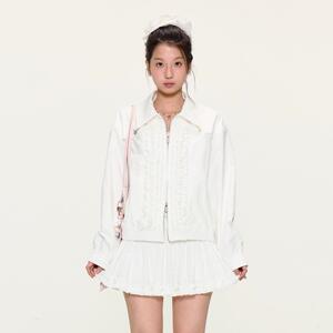 yawhat白色miu系花边耳边设计宽松短款外套休闲薄款夹克翻领上衣