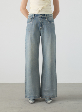 yawhat水洗做旧浅蓝色手工烫银铆钉低腰牛仔裤直筒阔腿休闲长裤