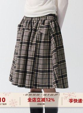 yawhat复古风呢子格纹松紧腰插袋抽褶半裙A字蓬蓬裙宽松秋冬女