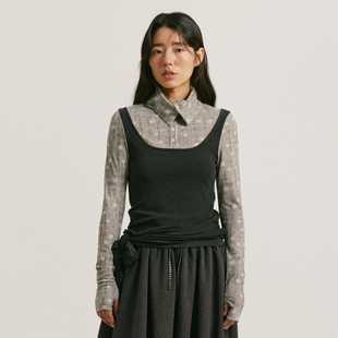 yawhat灰色波点拼接假两件天丝上衣堆堆领亨利领合身绑带抽褶衬衫