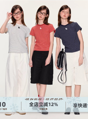 yawhat撞色条纹刺绣圆领小个子正肩短袖T恤合身棉柔软亲肤上衣女