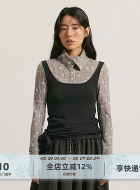 yawhat灰色波点拼接假两件天丝上衣堆堆领亨利领合身绑带抽褶衬衫