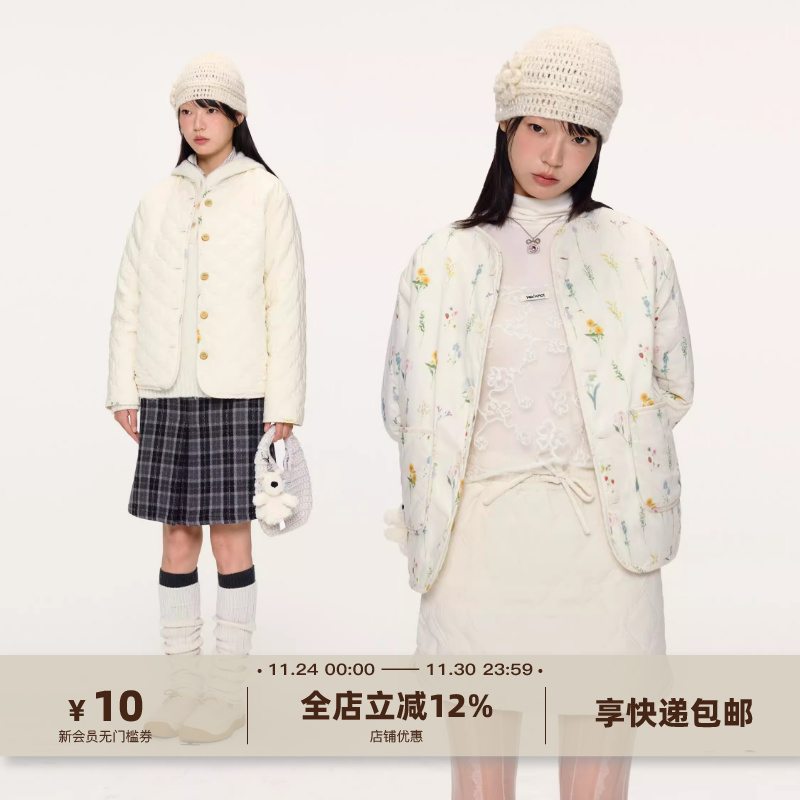 yawhat两面穿碎花绗棉秋冬高端保暖圆领外套夹棉内搭轻量棉服