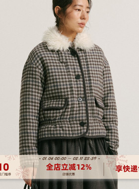 yawhat灰色格纹毛领夹棉短款含羊毛毛呢棉服秋冬保暖翻领厚外套