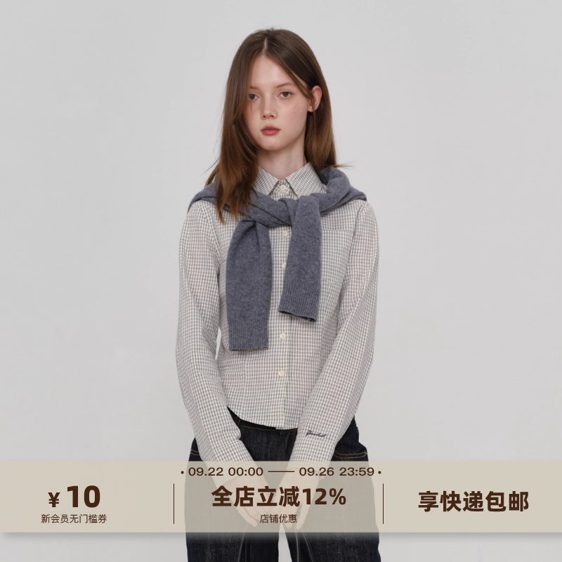 上衣yawhat短款双色长袖格子小众