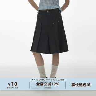 休闲裤 yawhat深灰色铆钉中低腰压褶低腰裙裤 短裤 五分中裤 阔腿西装