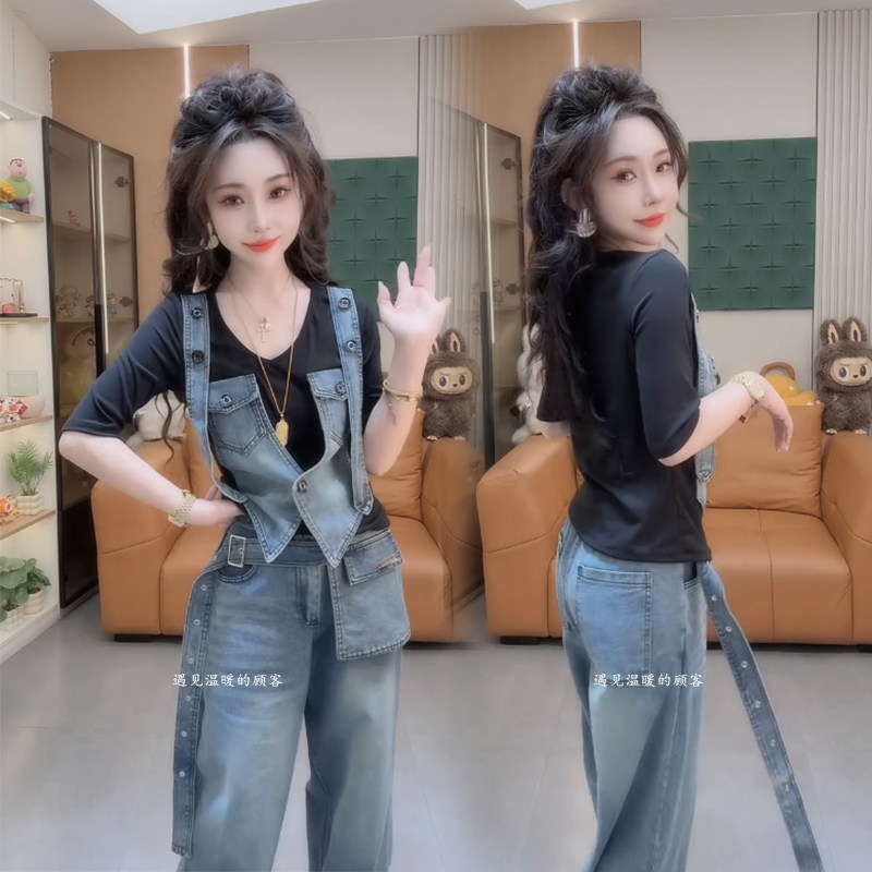 牛仔套装女2026夏季新款韩版时尚洋气拼接背带假两件上衣阔腿裤潮