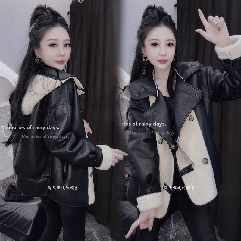 皮毛一体外套酷飒休闲夹克上衣