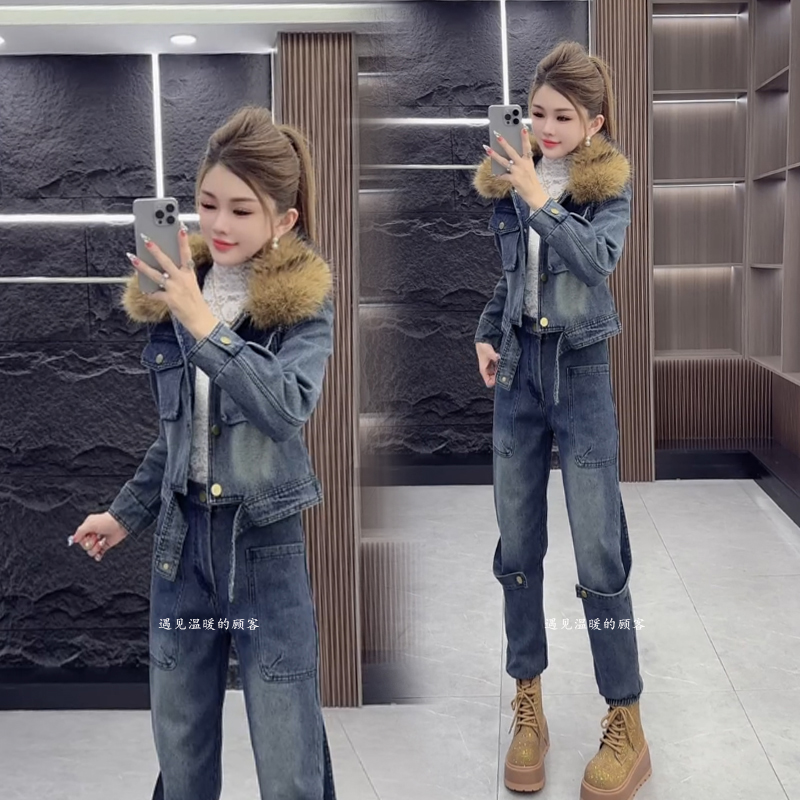 牛仔套装女2025冬季新款欧货加厚大毛领加棉外套加绒裤子两件套潮