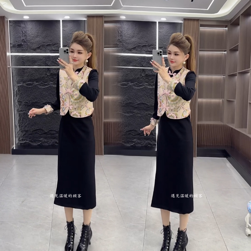 国风新中式旗袍连衣裙马甲两件套