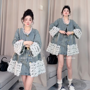 重工轻奢高级感拼接外套短裤 牛仔套装 韩版 新款 两件套 女2026春秋季