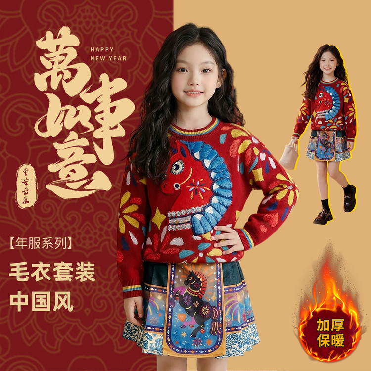 女童红色加绒毛衣冬2025新款女大童加厚针织衫儿童冬装打底初中生