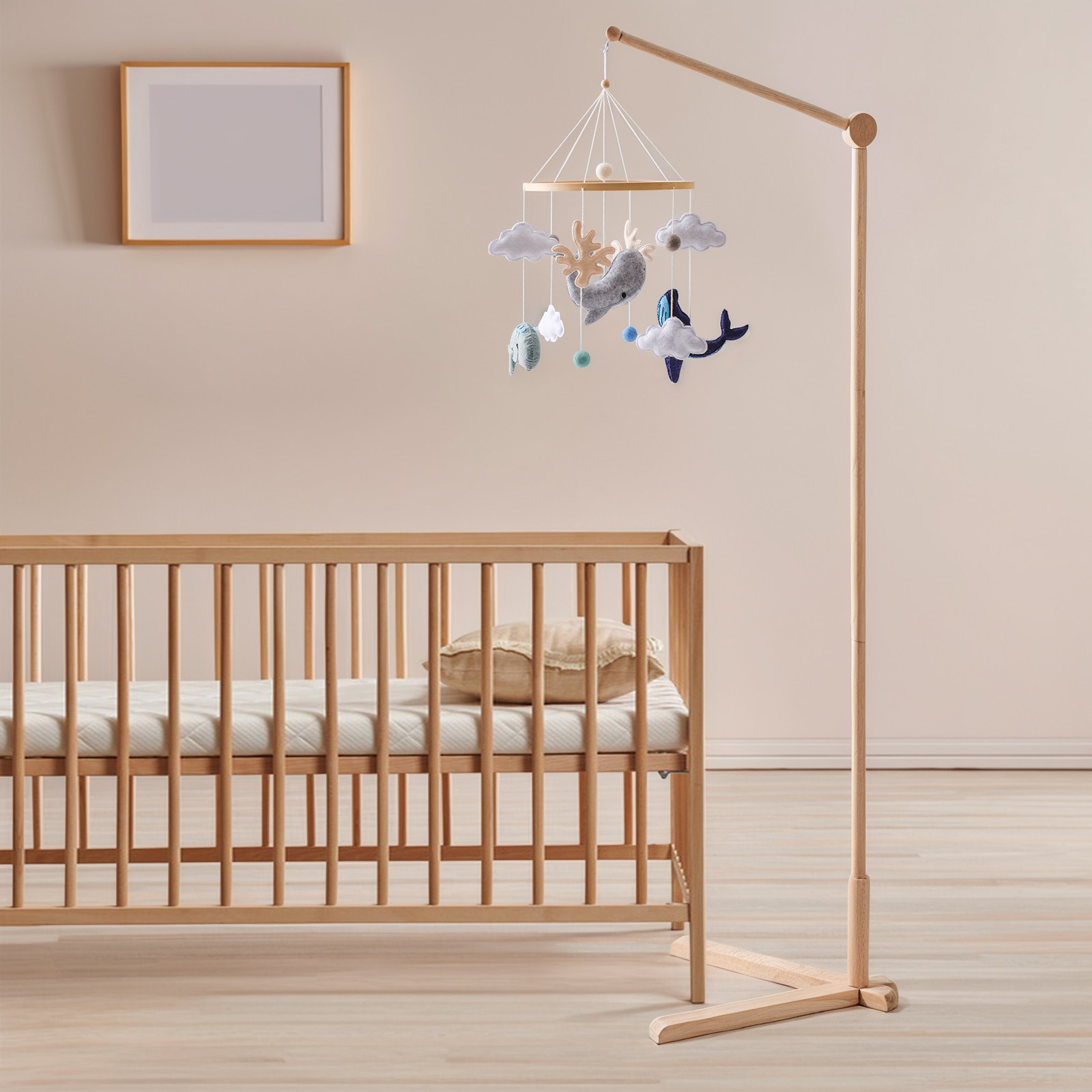 跨境新生儿木制婴儿床挂饰支架婴儿车玩具落地可调节高度床铃