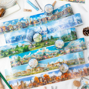 旅途 饰diy高级感素材贴纸卷 时光创意建筑风景PET造景胶带手帐装