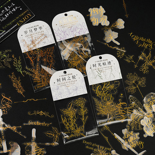 烫金花卉英文贴纸PET防水diy手帐