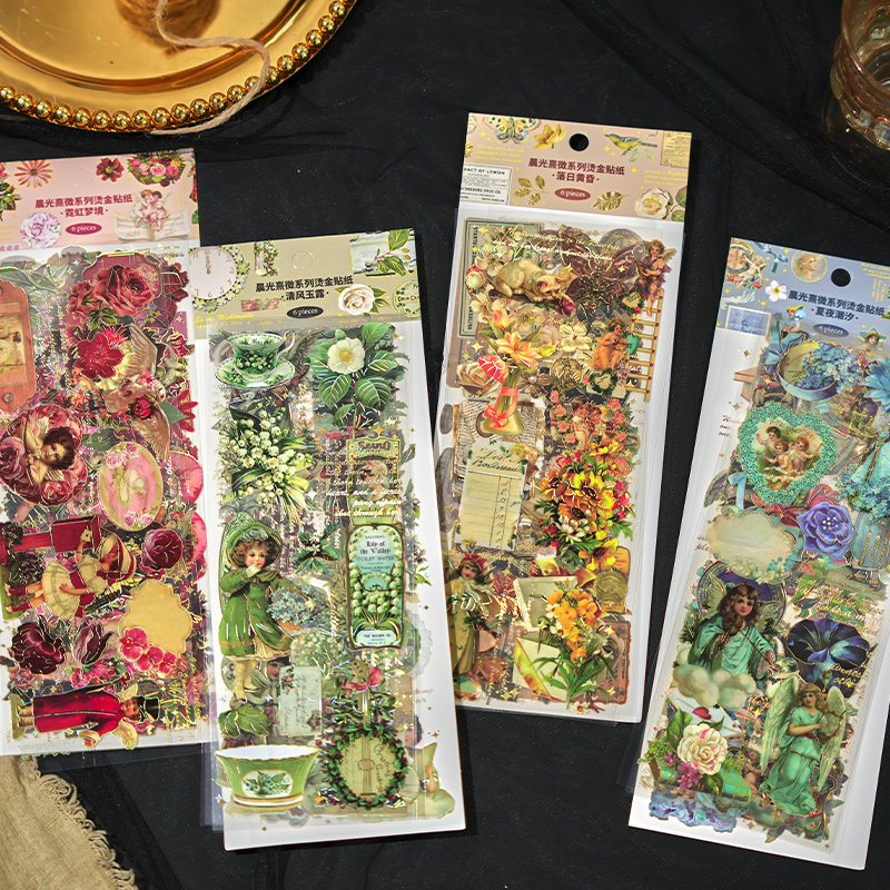 PET镭射烫金复古欧美人物可爱小天使贴纸咕卡手账DIY手机装饰拼