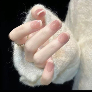 水光法式 纯手工穿戴甲腮红渐变水光猫眼高品质玻璃珠假指甲