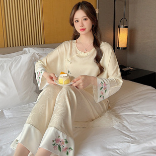 国风古代娘娘睡衣女春秋古风妃子冰丝长袖长裤带胸垫家居服两件套