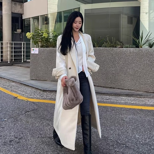 白色冬季新款韩版毛呢外套女超长款到脚踝正肩显瘦加厚高个子大衣