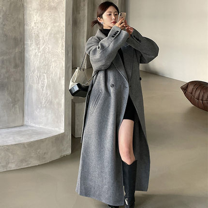 灰色韩版冬季新款毛呢外套女超长款到脚踝加厚宽松赫本风学生大衣