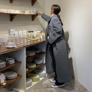 秋冬新款韩版毛呢外套女超长款到脚踝灰色复古流行宽松学院风大衣