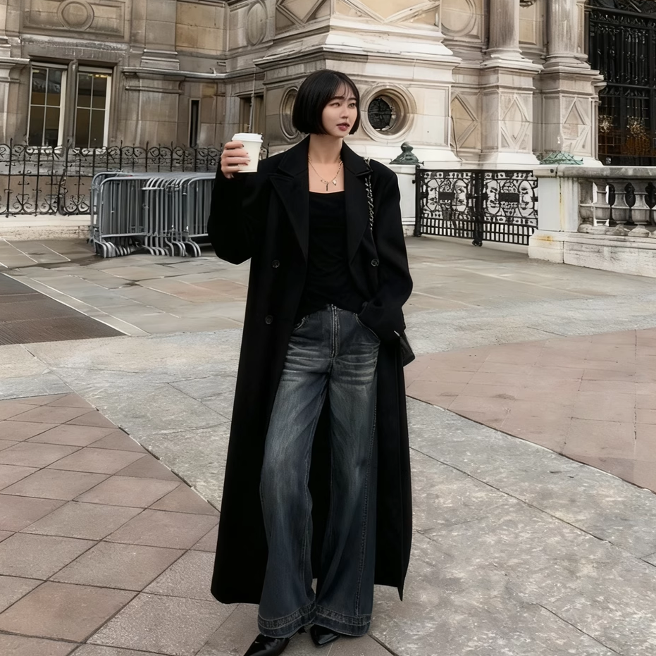 黑色毛呢外套女冬季新款韩版超长款到脚踝赫本风加厚高个子呢大衣